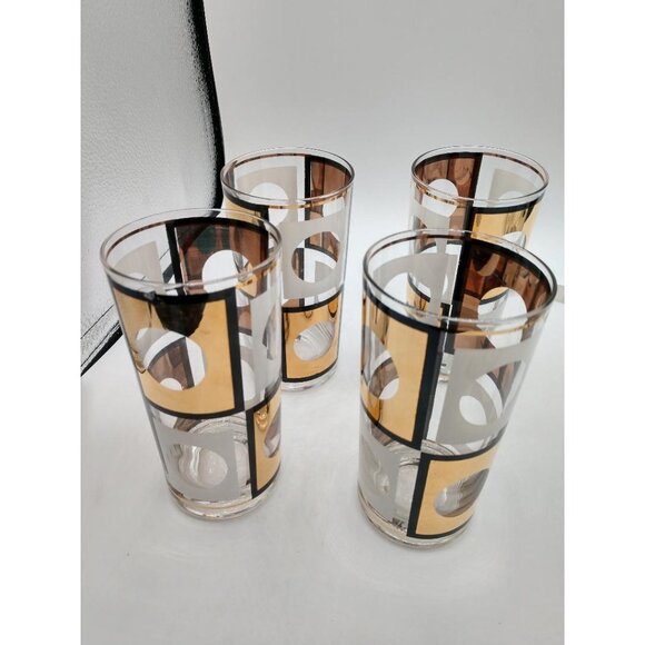 Set Of 4 Vintage Mid-Century Modern (MCM) Geometric Highball Glasses With Gold & - Picture 1 of 6